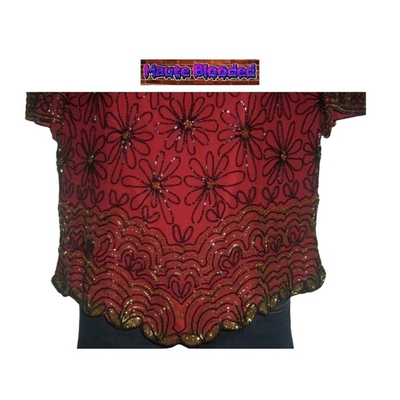 Vintage Adrianna Papell Boutique Red Silk Blouse Beaded Floral Flapper 20's VTG - Picture 9 of 11